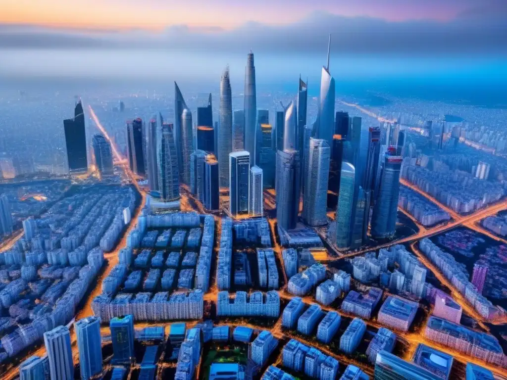 Vista aérea detallada de una ciudad global con rascacielos modernos y límites de propiedad, simbolizando la complejidad de las leyes de propiedad