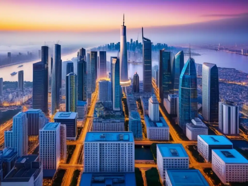 Metrópolis global: skyline de rascacielos e inversión internacional Vista aérea detallada de una ciudad moderna con rascacielos, simbolizando la economía global y la regulación fiscal internacional en bienes inmuebles