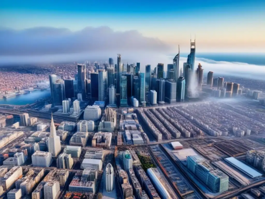 Vista aérea detallada de ciudad moderna con rascacielos y construcciones Vista aérea detallada de una ciudad bulliciosa con rascacielos modernos y sitios de construcción, bajo un cielo azul