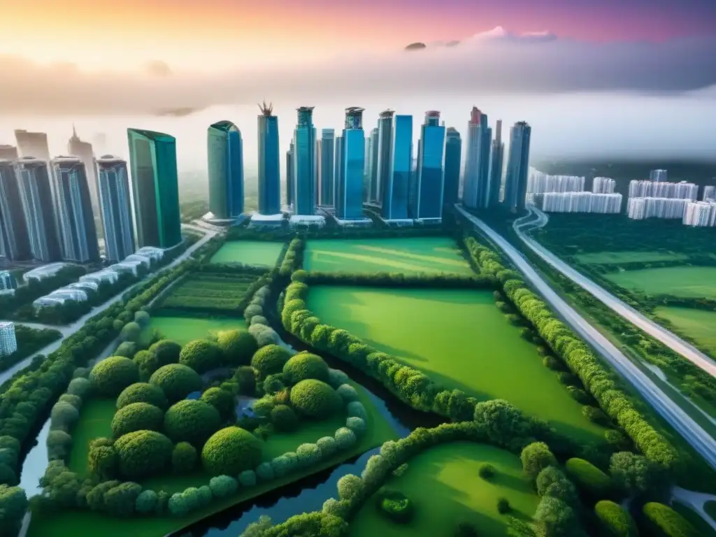Metrópolis moderna: inversión inmobiliaria en ciudad diversa Vista aérea detallada de una ciudad moderna con rascacielos, condominios de lujo y parques verdes, ideal para inversores extranjeros en bienes raíces