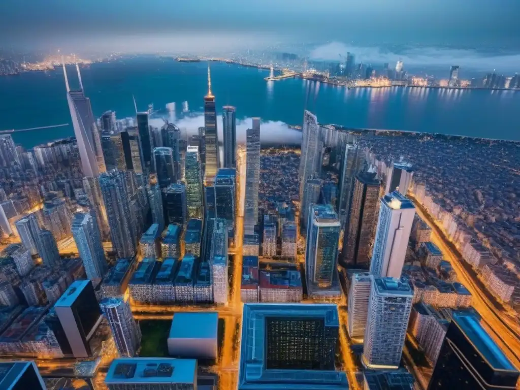Panorama urbano: mercado inmobiliario global en acción Vista aérea detallada de una ciudad bulliciosa con rascacielos, reflejando el dinamismo del mercado inmobiliario internacional