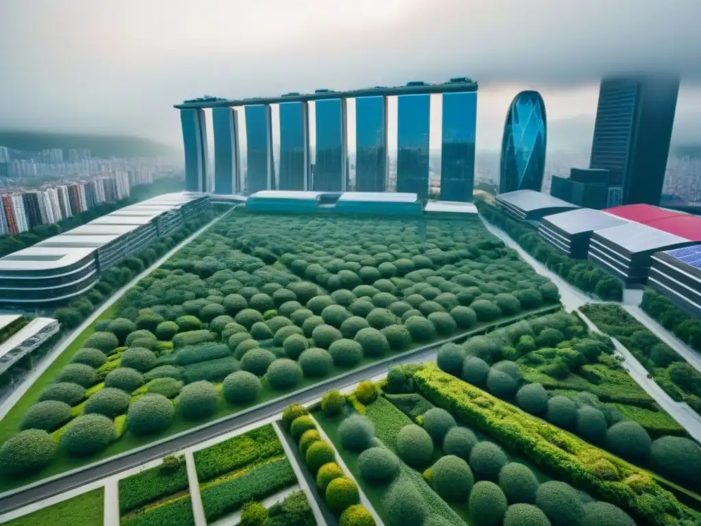 Metrópolis ecoamigable: armonía entre urbanismo sostenible y naturaleza Vista aérea detallada de una ciudad bulliciosa con edificios modernos y ecológicos que muestran diversas certificaciones verdes
