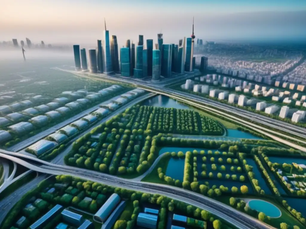Metrópolis sostenible: skyline moderno y verde Vista aérea detallada de una ciudad moderna con certificaciones ambientales en edificios, calles bulliciosas y energías renovables