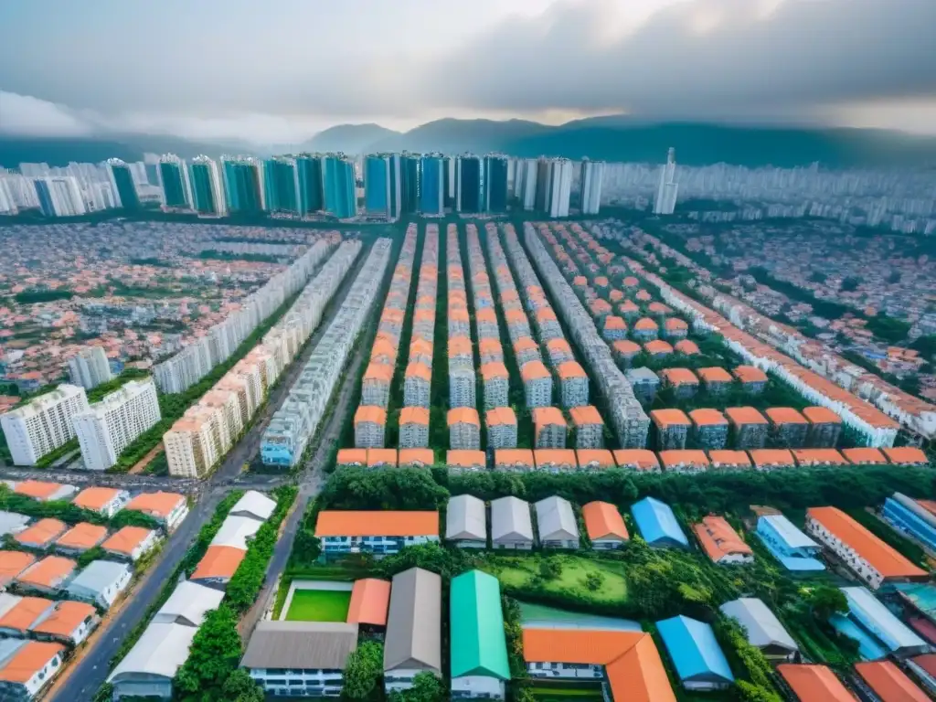 Vista aérea detallada de ciudad urbana en país en desarrollo Vista aérea detallada de una ciudad en desarrollo con políticas de vivienda sostenibles, mezcla de edificios modernos y tradicionales