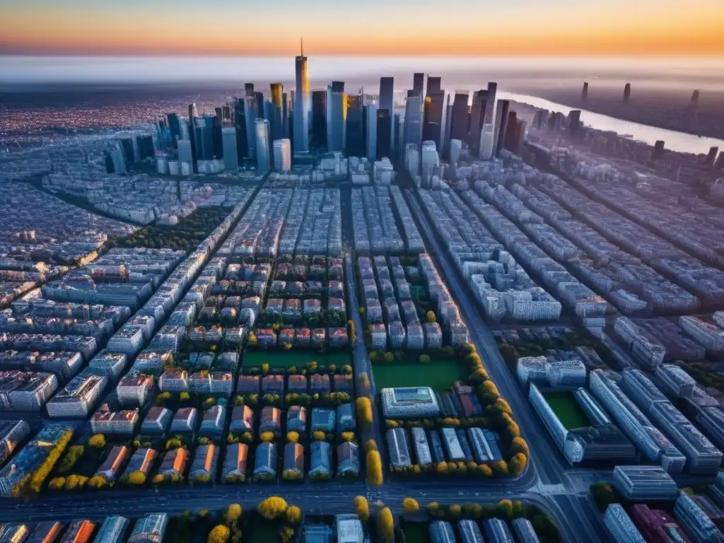 Vista aérea detallada de una ciudad internacional diversa al atardecer Vista aérea detallada de una ciudad internacional vibrante al atardecer con diversos estilos arquitectónicos