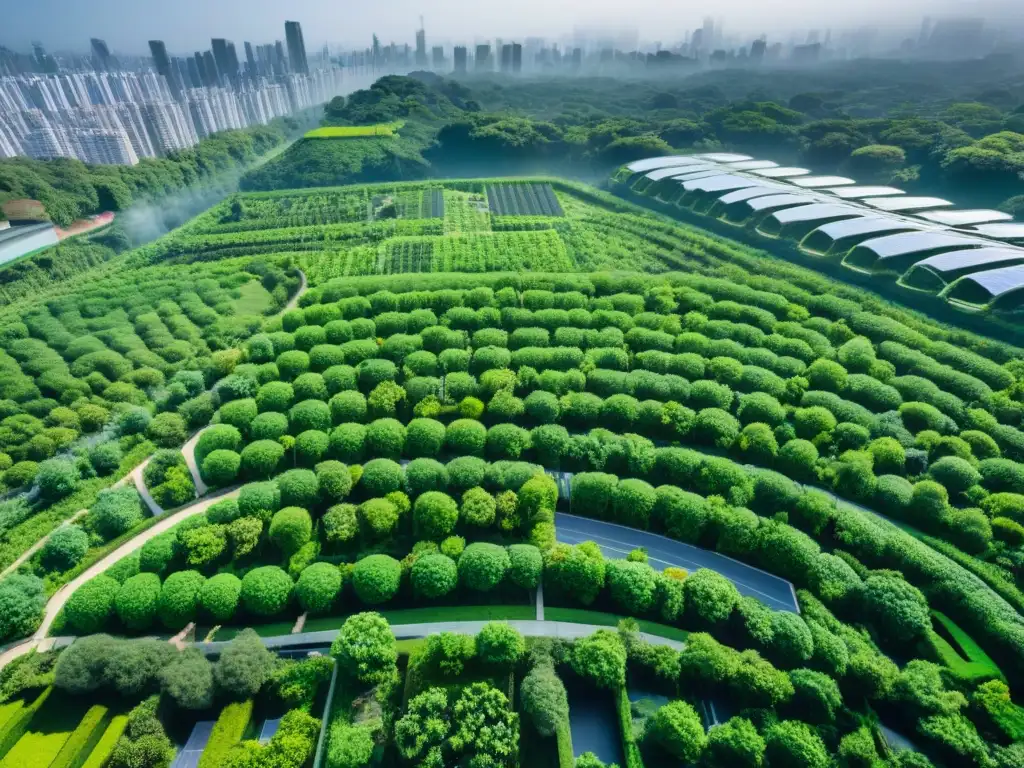 Metropolis sostenible: fusión de naturaleza y tecnología Vista aérea detallada de ciudad futurista sostenible integrada con naturaleza