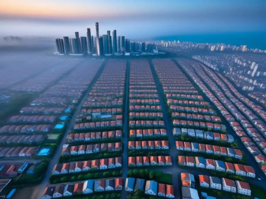 Contrastes urbanos: desarrollo vs Vista aérea detallada de ciudad en país en desarrollo muestra contrastes en viviendas por impacto políticas vivienda mercados emergentes