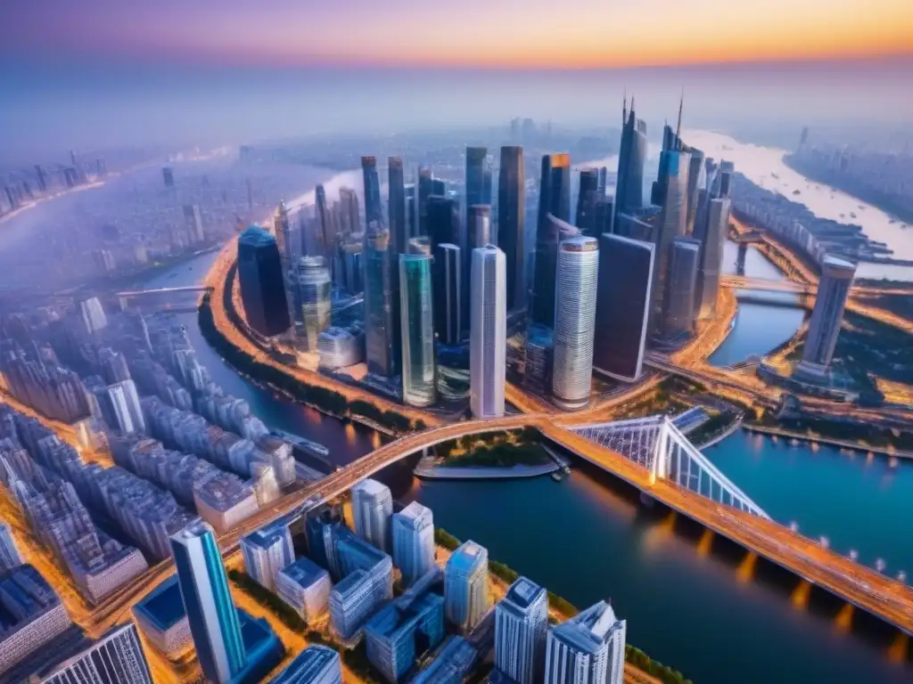 Vista aérea impresionante de ciudad global al atardecer Vista aérea detallada de una ciudad global al anochecer, con rascacielos iluminados y calles llenas de energía