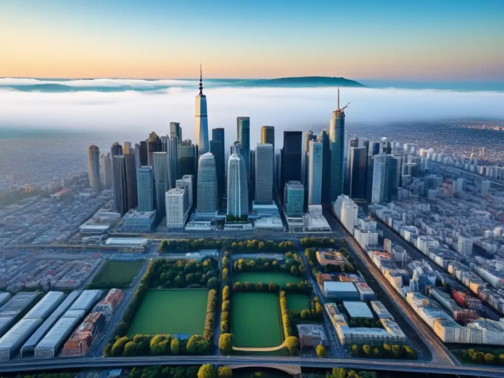 Vista aérea detallada de ciudad vibrante con mezcla de arquitectura moderna e histórica Vista aérea detallada de una ciudad vibrante con rascacielos modernos y edificios históricos, barrios distintos y zonas verdes