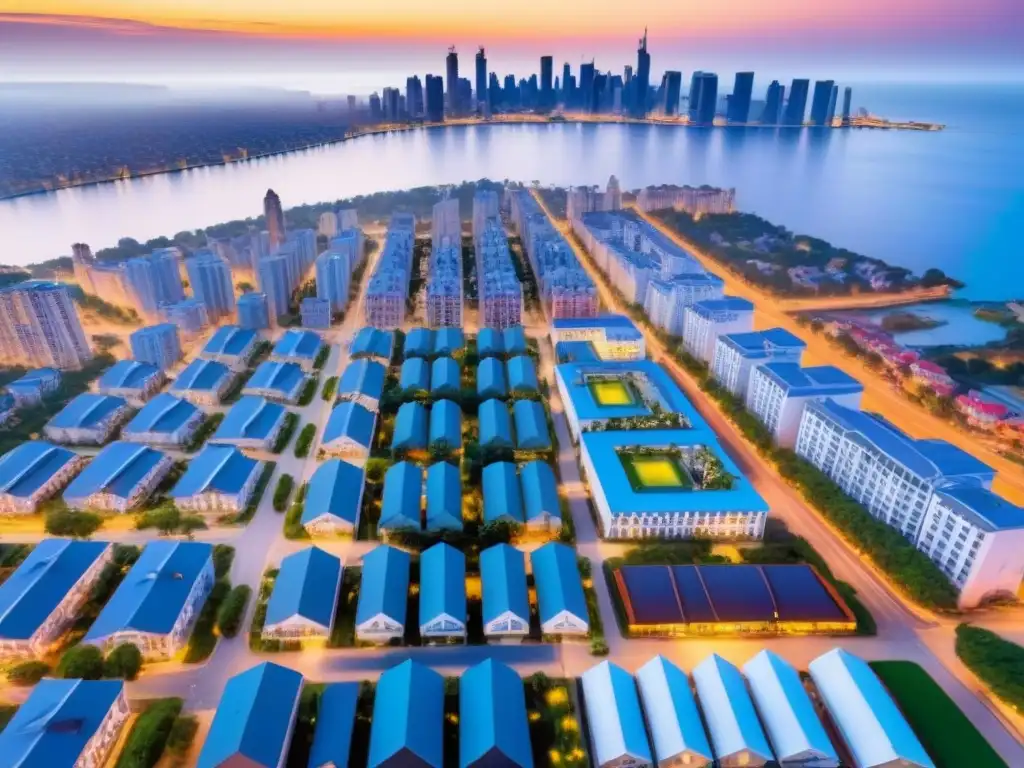 Contrastes urbanos: ciudad emergente entre modernidad y tradición Vista aérea detallada de ciudad emergente, mostrando contrastes arquitectónicos y vida local