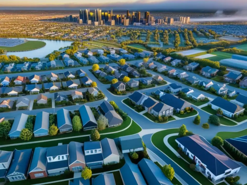 Complejidad urbanística: arquitectura diversa en zona mixta Vista aérea detallada de una ciudad con diferentes zonificaciones, mostrando la diversidad del diseño urbano