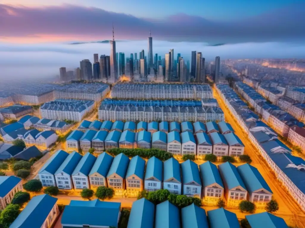 Vista aérea detallada de una ciudad con zonificación urbana Vista aérea detallada de una ciudad con regulaciones de uso del suelo claramente demarcadas, mostrando la complejidad del mercado inmobiliario