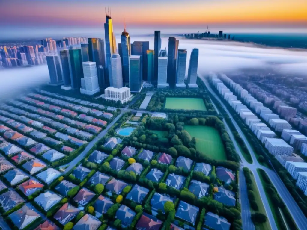 Metrópolis moderna: arquitectura, naturaleza y regulaciones urbanas Una vista aérea detallada de la ciudad con rascacielos, edificios residenciales y áreas verdes, reflejando la complejidad de las regulaciones de uso de suelo en el mercado inmobiliario