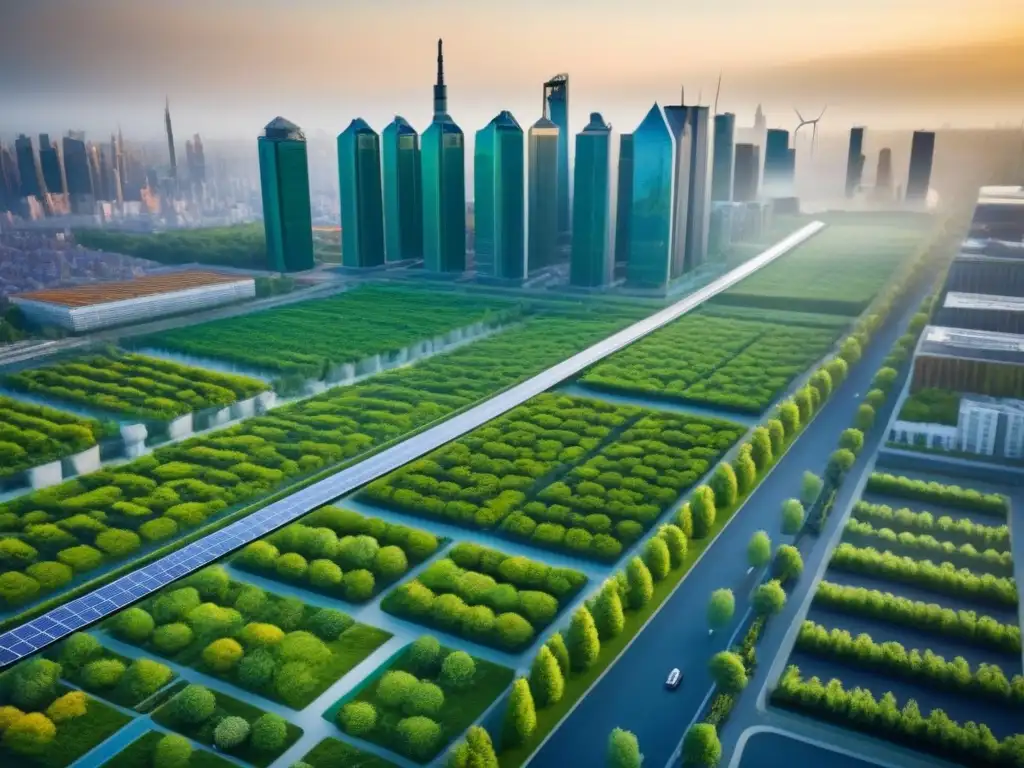 Metrópolis verde: armonía entre naturaleza y arquitectura moderna Vista aérea detallada de una ciudad con infraestructura verde, destacando normativas ambientales en el desarrollo urbano global