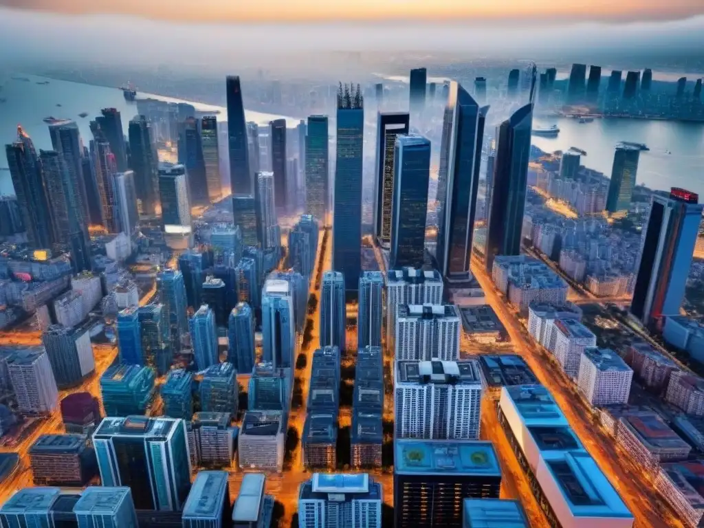 Inversiones inmobiliarias internacionales: paisaje urbano global Vista aérea detallada de una ciudad con rascacielos y propiedades inmobiliarias internacionales, simbolizando la globalidad de inversiones