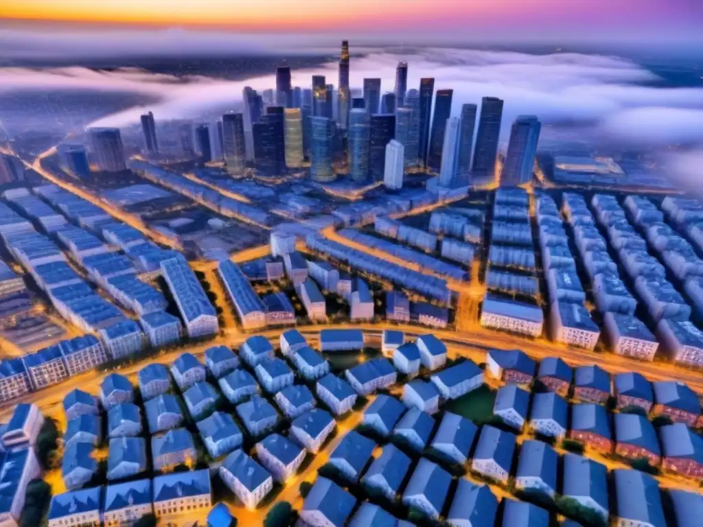 Zonificación urbana: balance y desarrollo en la ciudad Vista aérea detallada de ciudad con zonificación precisa, destacando importancia en inversión inmobiliaria