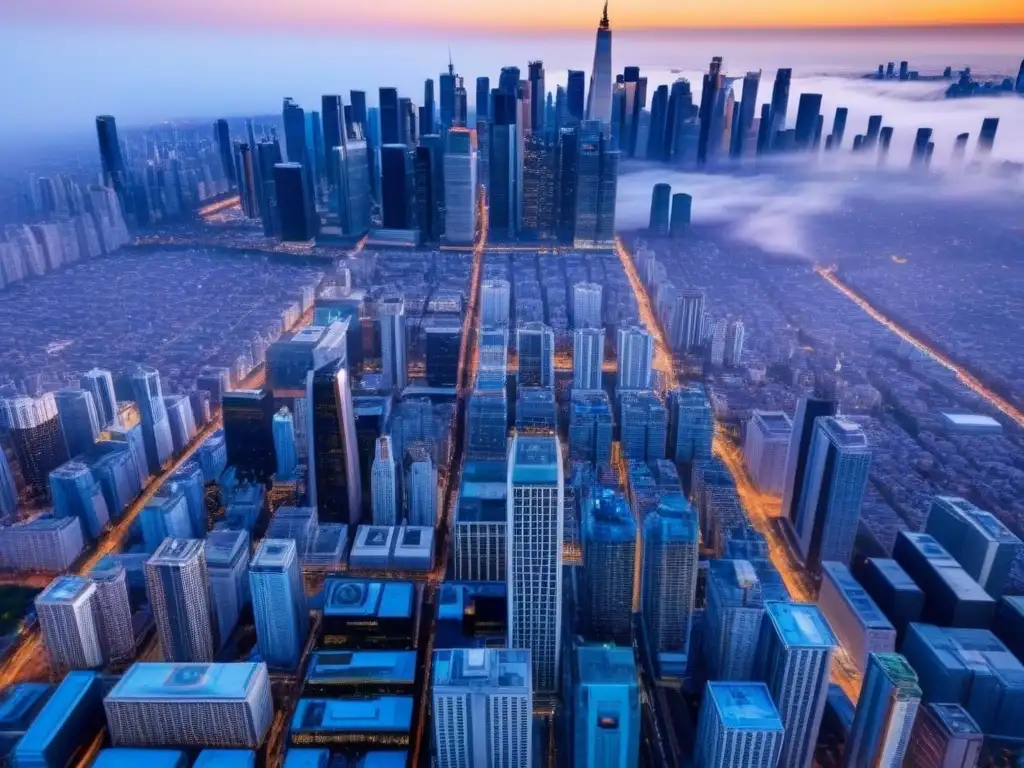 Vibrante metrópolis: diversidad de propiedades comerciales bajo cielo azul Vista aérea detallada de una ciudad bulliciosa con rascacielos, mostrando propiedades comerciales modernas bajo un cielo azul