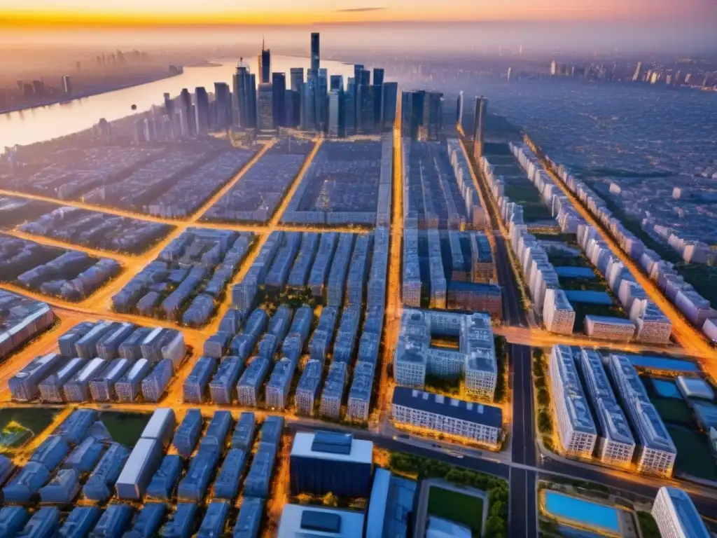 Vista aérea detallada de ciudad vibrante: diversidad urbana y seguros Vista aérea detallada de una ciudad vibrante con diversidad de propiedades, resaltando la importancia de la ubicación en seguros de propiedad