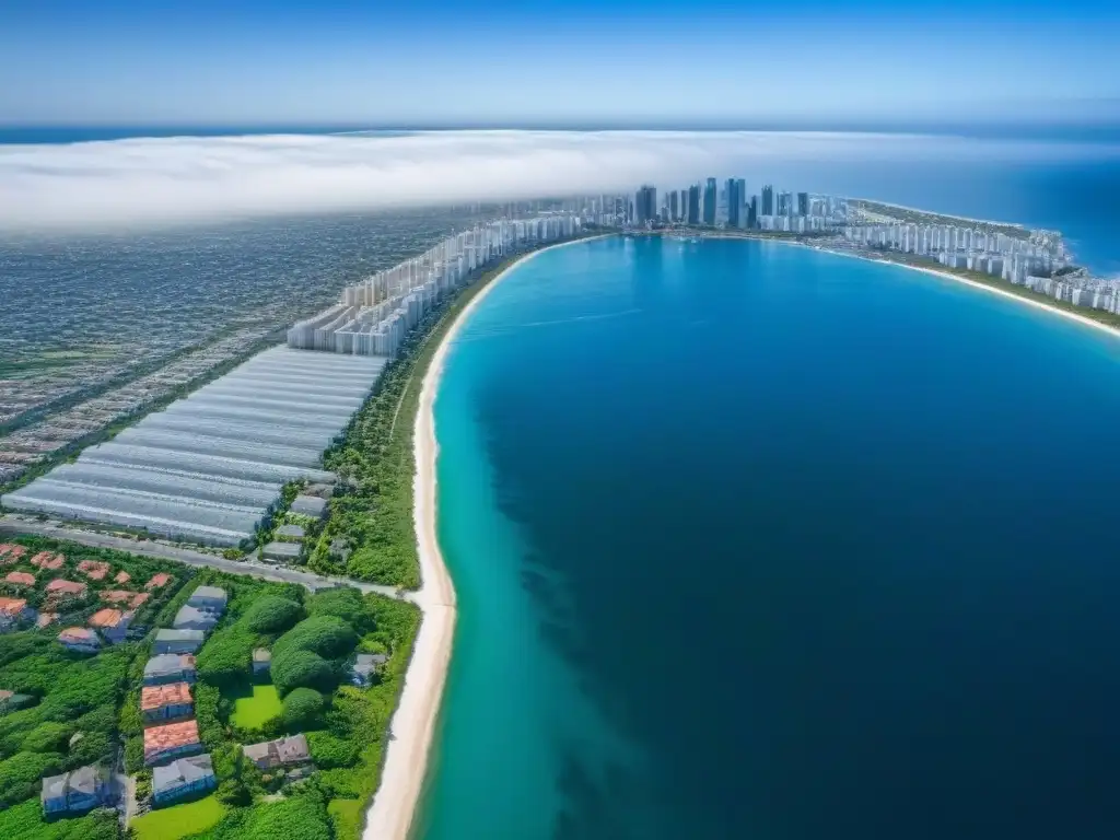 Vista aérea impresionante de ciudad costera: seguro para propiedades Vista aérea detallada de ciudad costera con edificios altos en la orilla y vegetación exuberante, resaltando la importancia de los seguros para inversionistas inmobiliarios internacionales