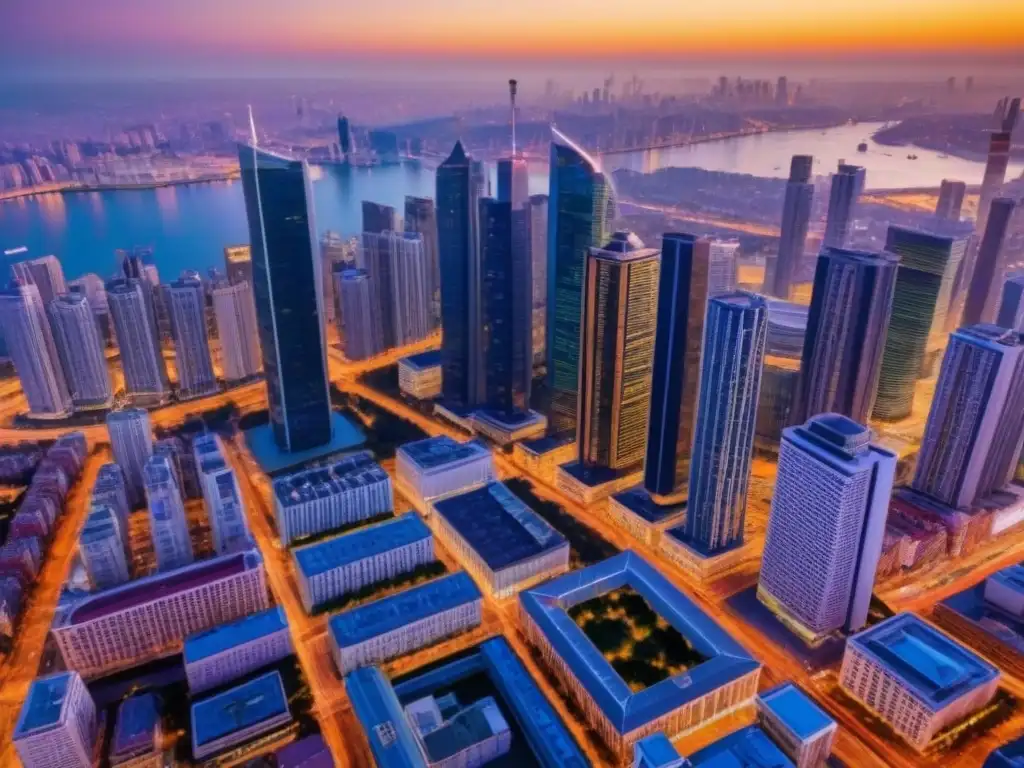 Metrópolis global: diversidad arquitectónica en atardecer vibrante Vista aérea detallada de una ciudad bulliciosa con rascacielos comerciales, calles llenas de tráfico y un atardecer vibrante