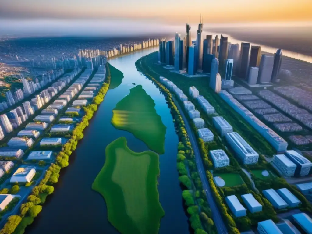 Metrópolis moderna: luces, sombras y oportunidades Vista aérea detallada de una ciudad bulliciosa con rascacielos y barrios vibrantes, rodeada de vegetación y ríos