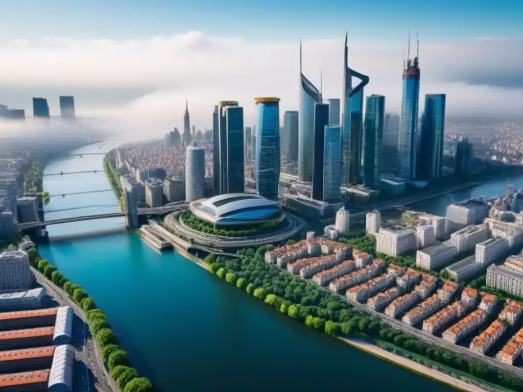 Vista aérea detallada de una ciudad internacional, con rascacielos modernos y monumentos tradicionales, rodeada de vegetación y un río