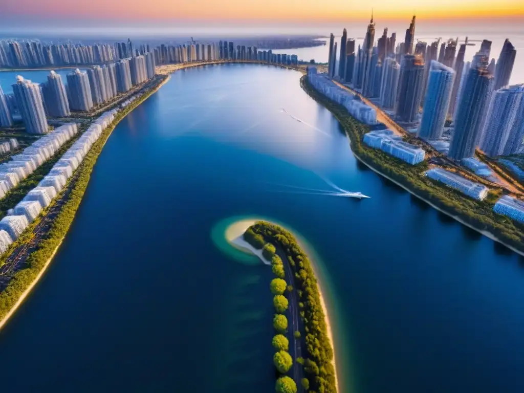 Metrópolis global: atardecer en la ciudad de rascacielos Vista aérea detallada de ciudad moderna con rascacielos, simbolizando inversión en bienes raíces internacionales