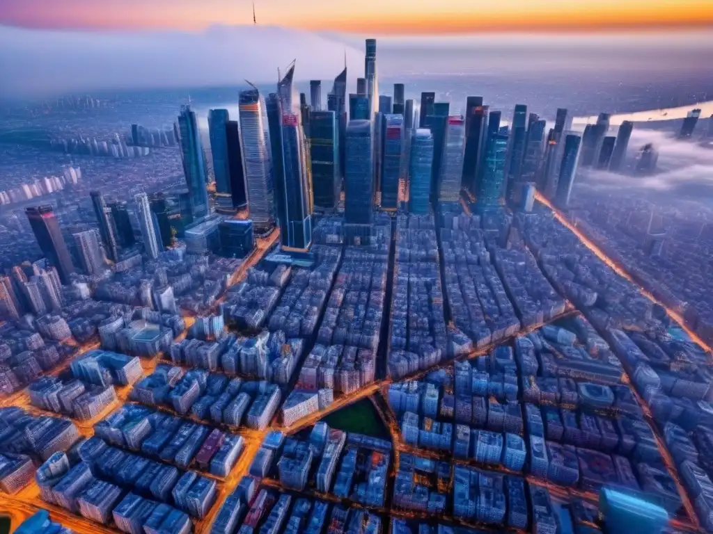 Vista aérea detallada de ciudad moderna en auge Vista aérea detallada de una ciudad bulliciosa con rascacielos modernos, representando el dinámico mercado inmobiliario internacional