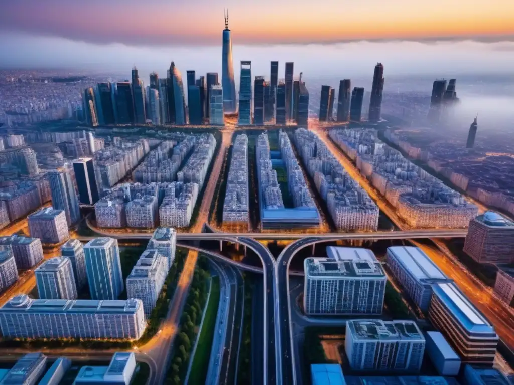 Metrópolis futurista: luces y sombras de la ciudad global Vista aérea detallada de una ciudad moderna al atardecer, reflejando la globalidad de inversiones inmobiliarias internacionales