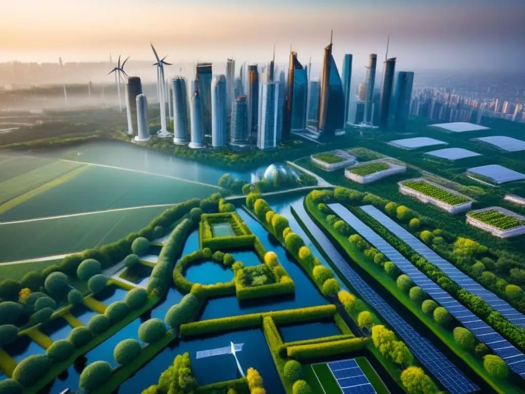 Metrópolis sostenible: arquitectura certificada LEED y BREEAM Vista aérea detallada de ciudad sostenible con Certificaciones LEED y BREEAM inmobiliario