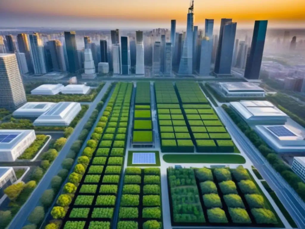 Vista aérea de ciudad sostenible con edificios LEED y BREEAM Vista aérea detallada de ciudad sostenible con Certificaciones LEED y BREEAM inmobiliario