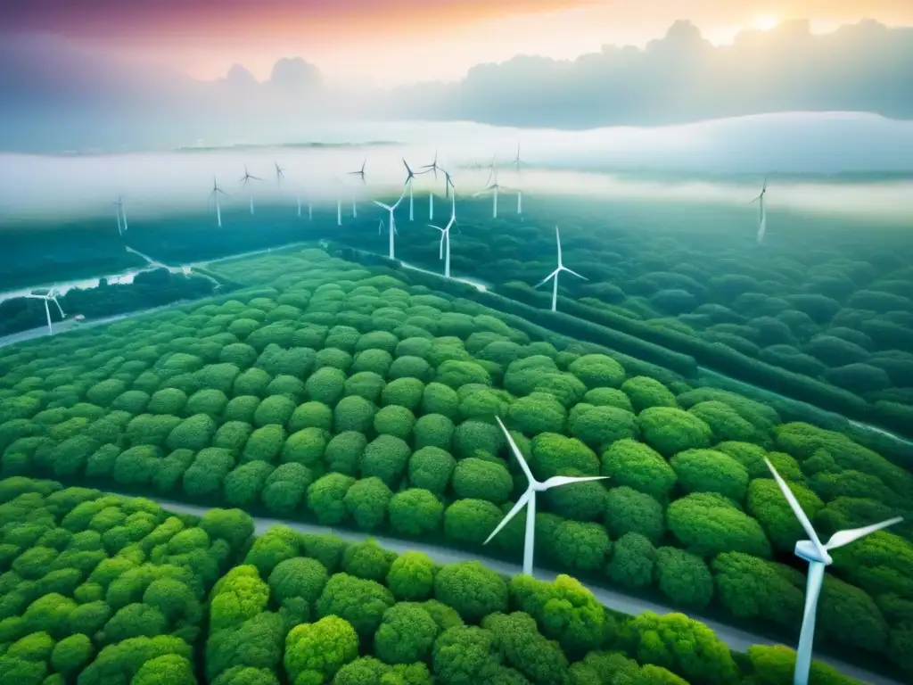 Metrópolis sostenible del futuro: armonía entre naturaleza y arquitectura Vista aérea detallada de una ciudad futurista sostenible, con edificios verdes, paneles solares y turbinas eólicas integradas, mostrando la armonía entre la naturaleza y la arquitectura moderna