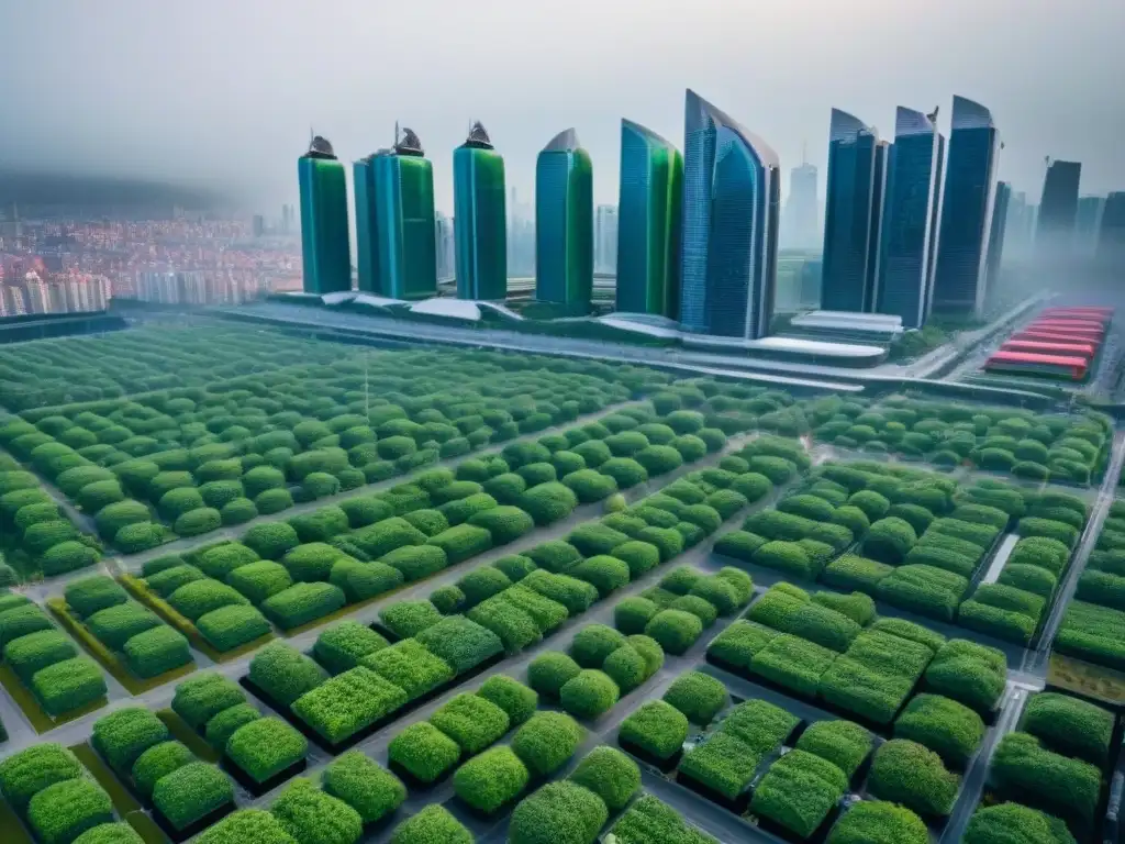 Cityscape verde futurista: arquitectura sostenible y vida urbana en armonía Vista aérea detallada de ciudad con edificaciones verdes y energías renovables, uniendo modernidad y sostenibilidad