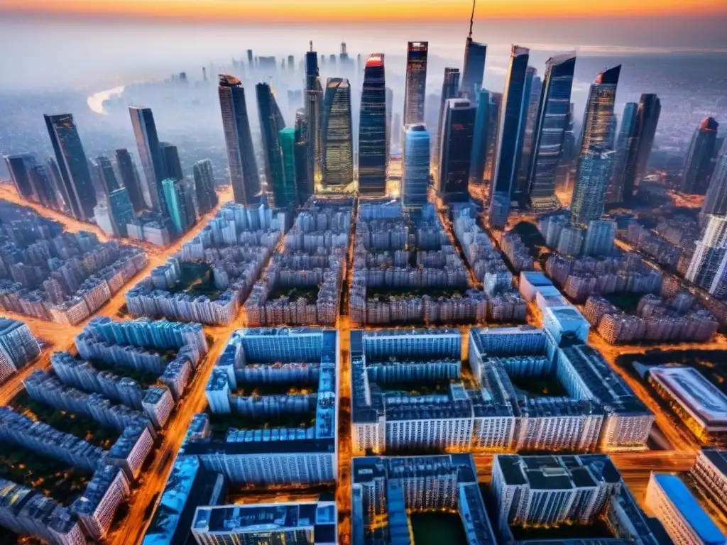Metrópolis vibrante: arquitectura moderna en auge Vista aérea detallada de una ciudad vibrante con rascacielos modernos