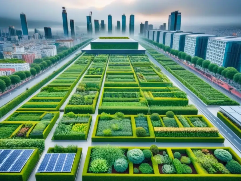 Cityscape sostenible: armonía entre naturaleza y desarrollo urbano Vista aérea detallada de una ciudad moderna sostenible con techos verdes, paneles solares y jardines verticales integrados en la arquitectura