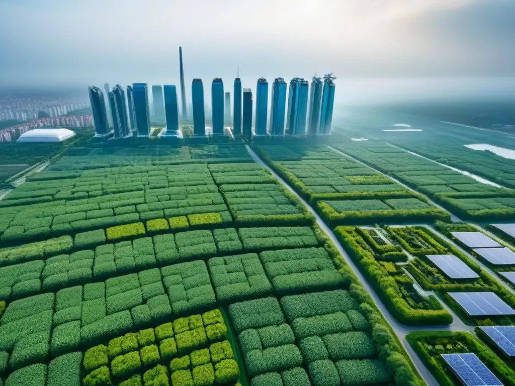 Metrópolis ecológica del futuro: biodiseño urbano sostenible Vista aérea detallada de ciudad futurista ecoamigable con bioarquitectura en mercado inmobiliario internacional