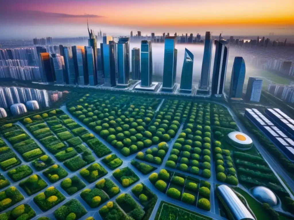 Metrópolis verde: arquitectura sostenible y naturaleza urbana Vista aérea detallada de una ciudad moderna con edificios verdes innovadores y jardines en azoteas