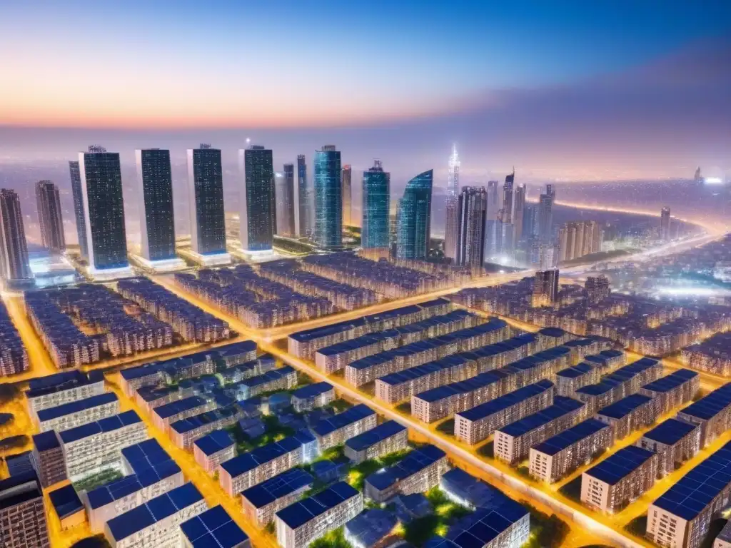 Metrópolis sostenible: ciudad nocturna con tecnología energética Vista aérea detallada de una ciudad moderna de noche con iluminación eficiente y paneles solares