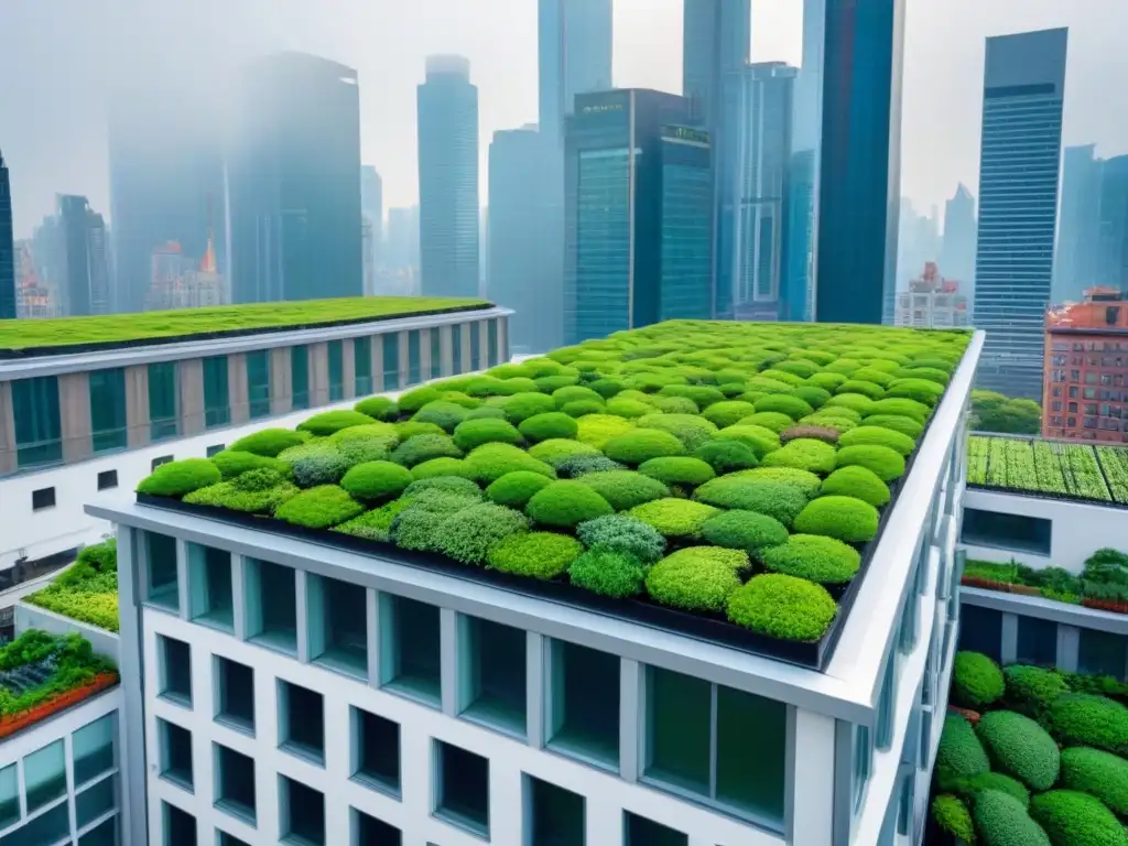 Skyline urbano con jardines en azoteas verdes: inversión sostenible Vista aérea detallada de una ciudad con techos verdes, ideal para inversores internacionales
