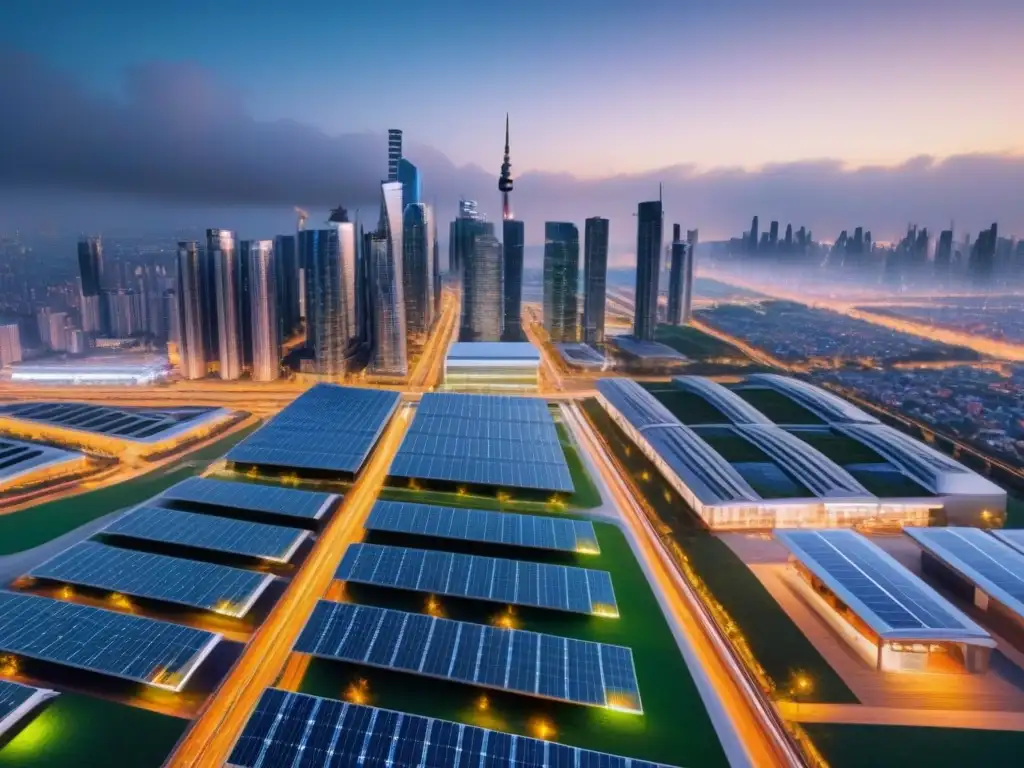 Vista aérea detallada de una ciudad inteligente sostenible al anochecer, con tecnología eco y espacios verdes