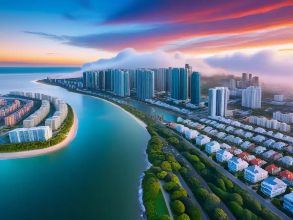Metrópolis costera: modernidad y naturaleza en armonía Vista aérea detallada de ciudad costera con rascacielos modernos, mar tranquilo y cielo dramático al atardecer