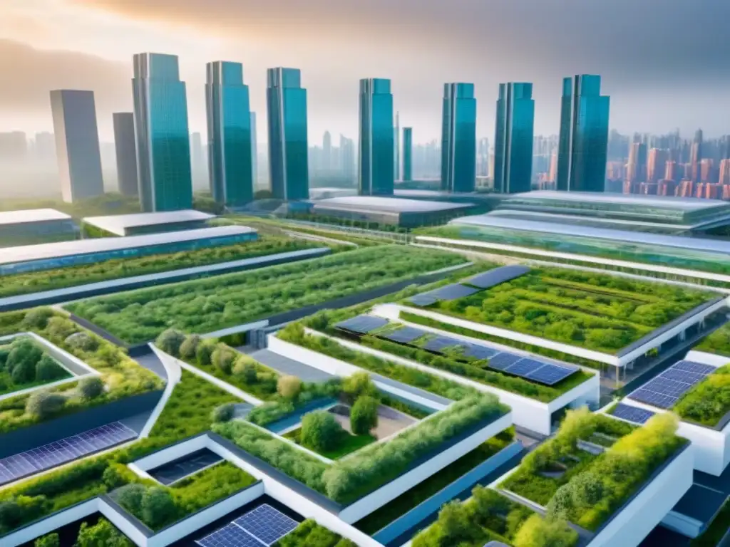 Visión ecoamigable de ciudad sostenible para inversionistas Vista aérea detallada de una ciudad urbana sostenible con techos verdes, paneles solares y transporte público eficiente