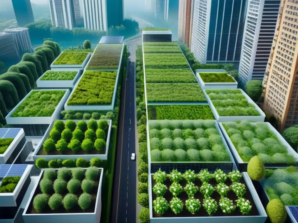 Metrópolis sostenible: arquitectura futurista y naturaleza en armonía Vista aérea detallada de una ciudad verde y futurista, mostrando integración de espacios verdes y energía renovable