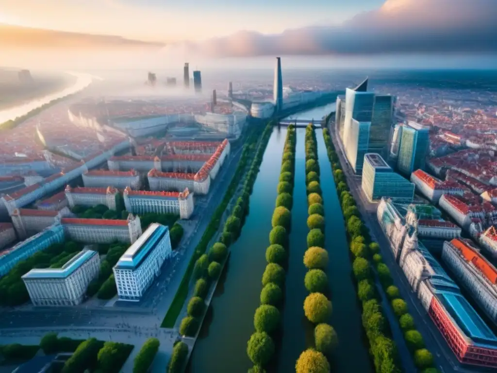 Cityscape moderno en Europa del Este: fusión histórica y contemporánea Vista aérea detallada de una ciudad en Europa del Este, con arquitectura histórica y rascacielos modernos