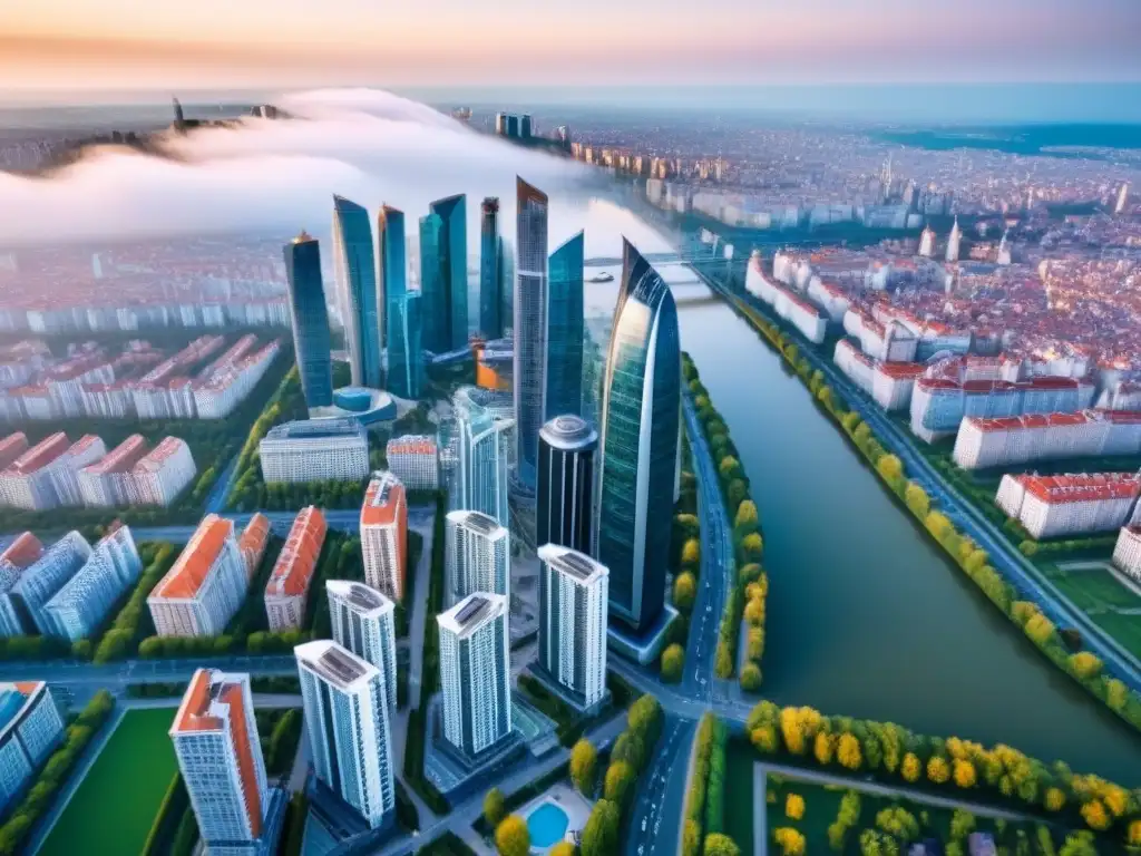 Metrópolis en auge: arquitectura moderna y historia en Europa del Este Vista aérea detallada de ciudad en Europa del Este, con modernos rascacielos y arquitectura histórica, reflejando el auge inmobiliario en la región