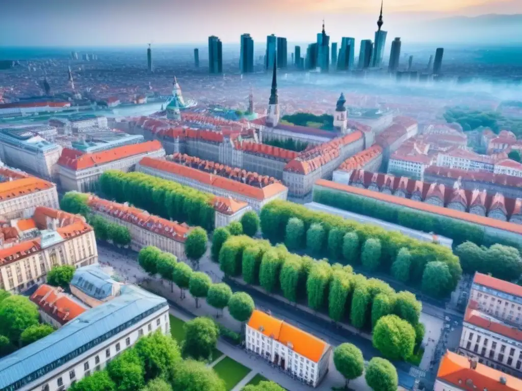 Vibrante ciudad de Europa del Este: mezcla histórica y moderna Vista aérea detallada de una ciudad dinámica en Europa del Este, con arquitectura histórica y rascacielos modernos