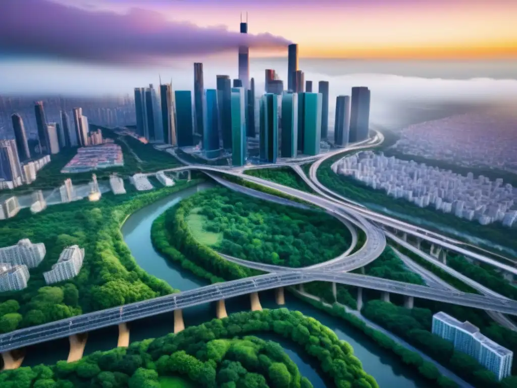 Metrópolis descentralizada: innovación urbana en acción Vista aérea detallada de una ciudad con rascacielos, parques urbanos y red de calles, reflejando la descentralización urbana mercado inmobiliario