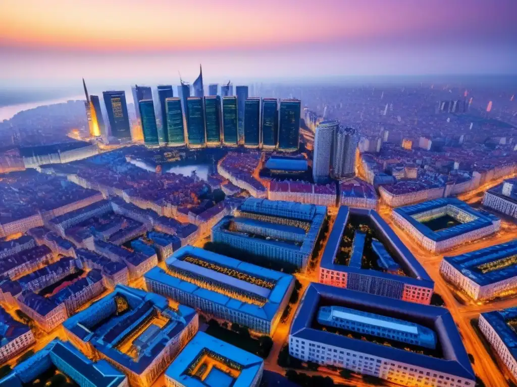 Vista aérea detallada de ciudad dinámica en Europa del Este Vista aérea detallada de una ciudad bulliciosa en Europa del Este, fusionando arquitectura histórica y rascacielos modernos