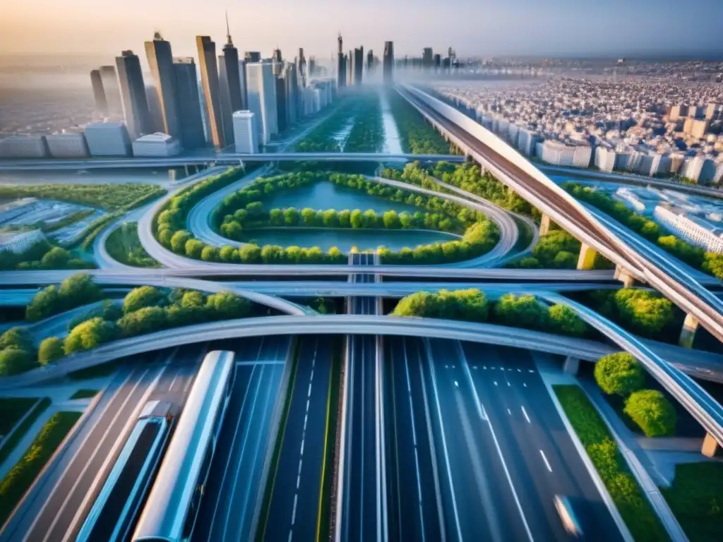 Vista aérea detallada: transporte y valor inmobiliario en la ciudad Vista aérea detallada de una ciudad con moderna infraestructura de transporte, conectando inmobiliaria y políticas de transporte