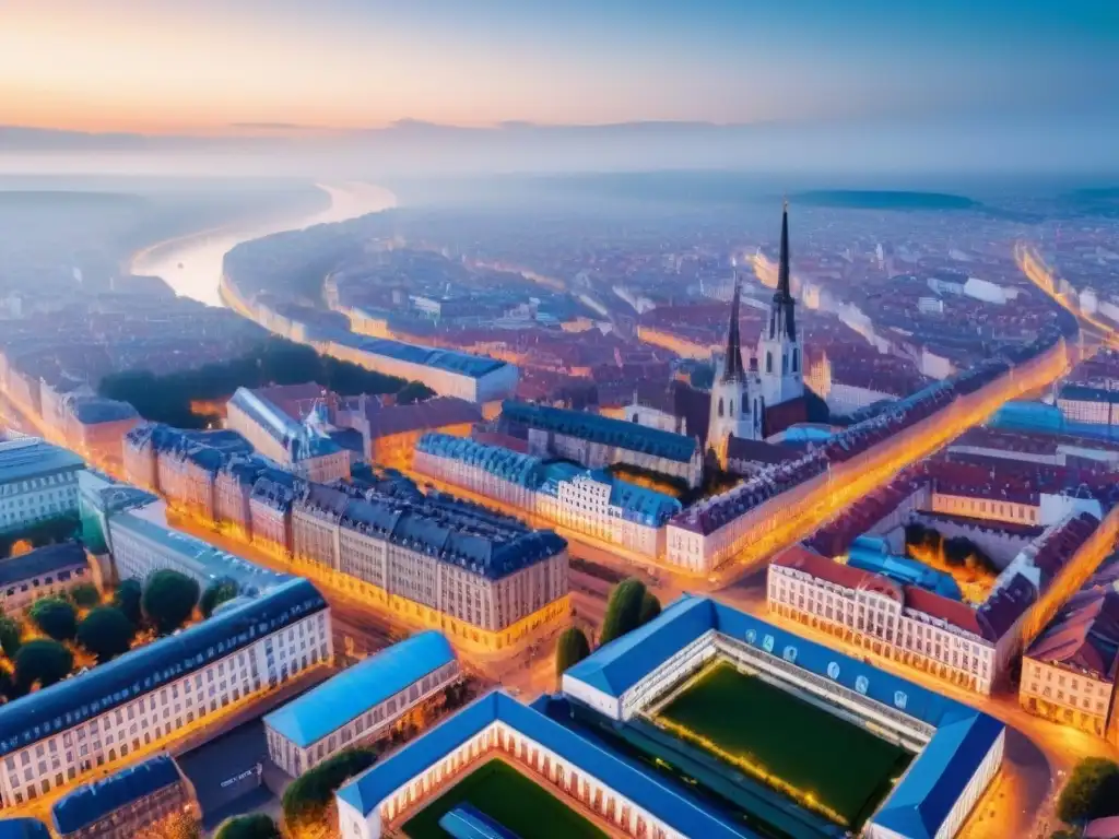 Contraste urbano: Historia y modernidad en Europa del Este Vista aérea detallada de una ciudad en Europa del Este, con arquitectura histórica y rascacielos modernos